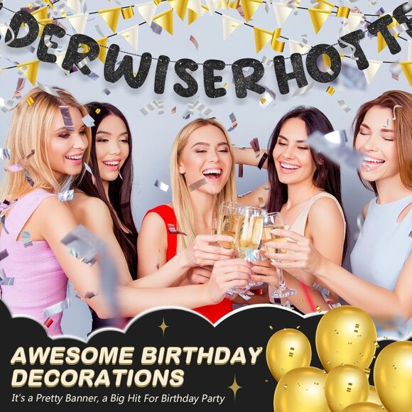 Older Wiser Hotter Glitter Banner Funny Birthday Banner Decorations (Black) - Picture 5 of 7
